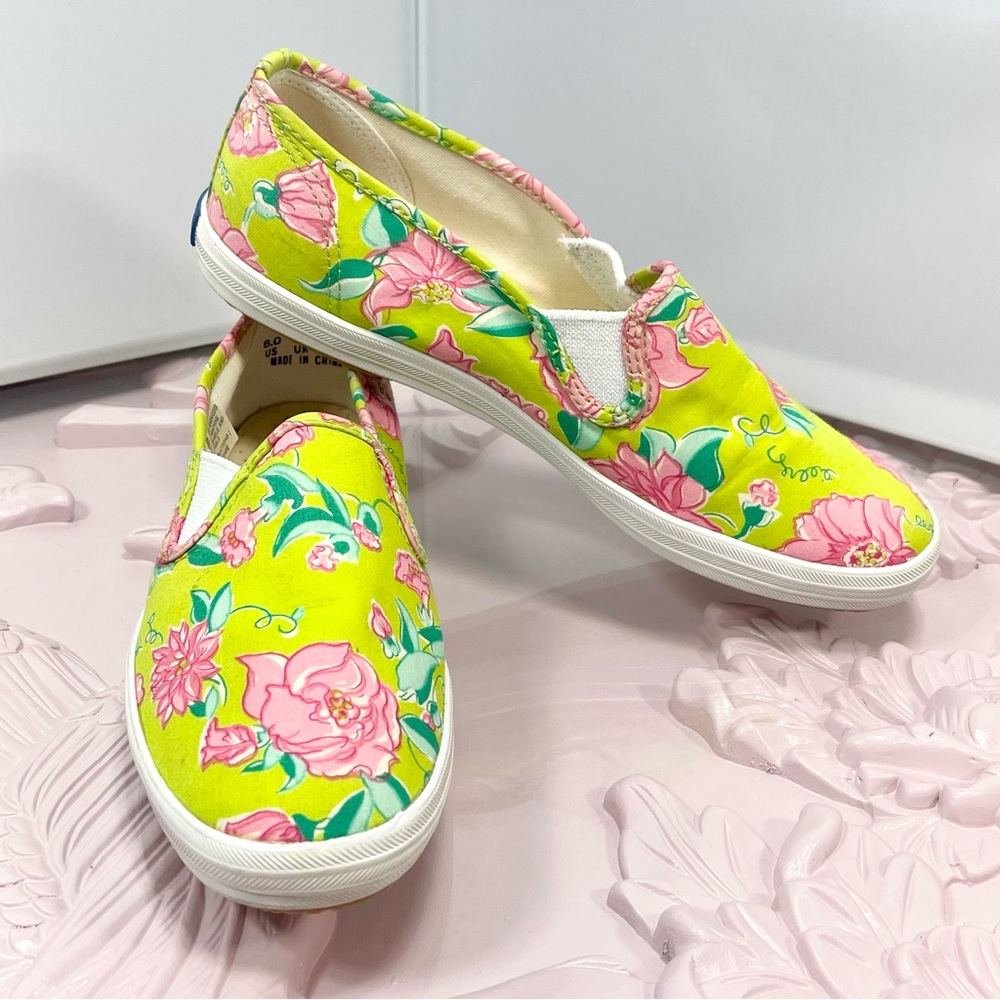 Lilly Pulitzer & Keds Green Pink Floral Canvas Slip- On Shoes Women’s 8